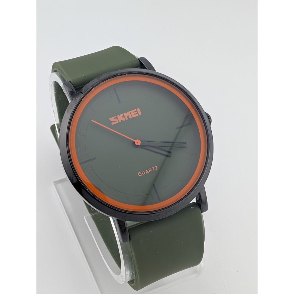 SKMEI Men's Watch Olive Green Silicone Band‎ Black Orange Accents- New Battery